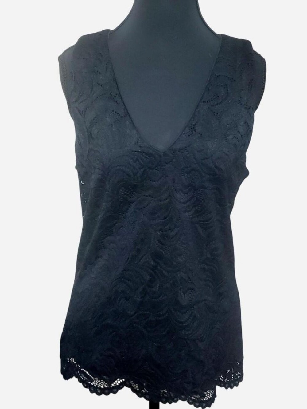 White House Black Market Sleeveless Lace Top Womens Medium Black V-neck Goth Y2k